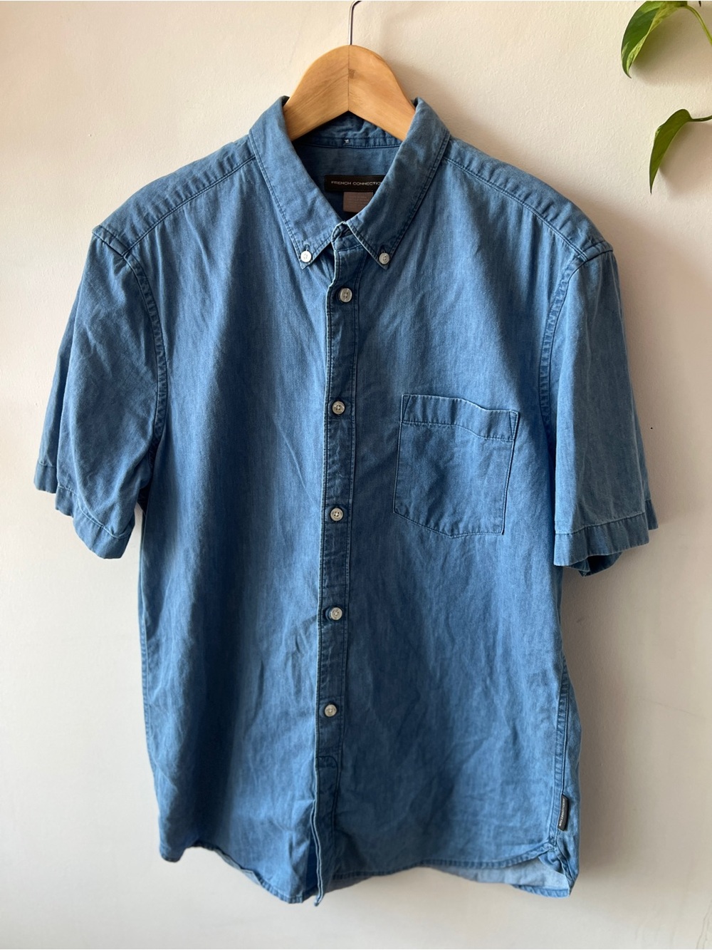 French Connection Vintage Denim Blue Short-Sleeve Button-Down Shirt M